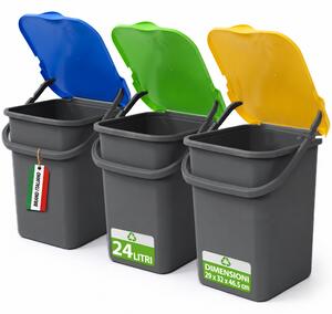 Set 3 Pattumiere Bidoni 32x29x46,5cm Premi Plus 24L Apertura Push Raccolta Differenziata in Plastica Grigio