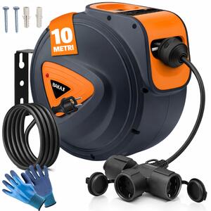 Avvolgicavo Elettrico IP20 10 Metri Rotante a 180° con Multipresa a 3 Teste e Guanti Nero e Arancione