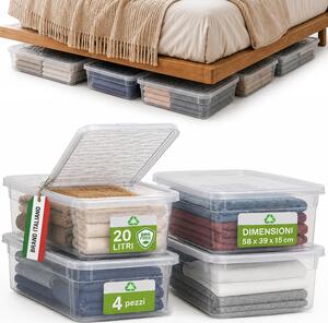 Set 4 Pezzi Contenitori con Coperchio 58x39x15 cm Storage Box Marea Capienza 20L in Plastica Trasparente