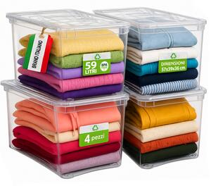 Set 4 Pezzi Contenitori con Coperchio 57x39x36 cm Storage Box Marea Capienza 59L in Plastica Trasparente
