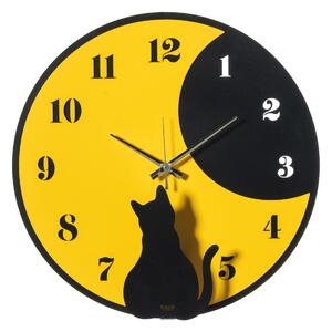 Orologio da Muro Diametro 43 cm composto da due componenti, raffigurante una gatto che osserva la luna e le lancette MOON WHISKERS colore Nero/Giallo