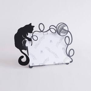 Porta Foto Gatto Gomitolo in metallo, dimensione 29x20h - per foto 15x20, colore Nero Goffrato