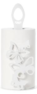 Porta rotoli In Metallo linea FARFALLOSO, presenta quattro farfalle di diverse dimensioni disposte nella parte frontale, diametro15x h33 cm, Bianco Neve