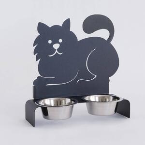 Porta Ciotole Gatto doppio in metallo, 32x13Px33h, colore Nero Goffrato