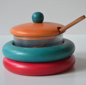 Zuccheriera in legno massello � 13xh 10 cm in legno massello di tiglio , interno in vetro combinazione Rosso azzurro arancio