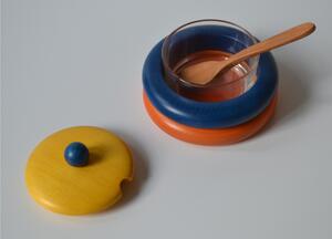 Zuccheriera in legno massello � 13xh 10 cm in legno massello di tiglio , interno in vetro combinazione Arancio Blu giallo