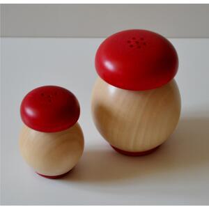 Sale e Pepe coppia in legno di mogano diam. 7,5xh9,7 cm- sale diam. 5,3xh7 cm base colore legno naturale tappo rosso