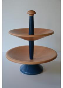 Alzata porta Frutta in legno di tiglio due Piani diametro 30x h34 cm legno naturale e Blu