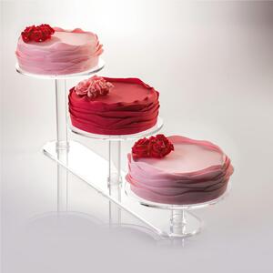 Alzata per torta Linear 3 in plexiglass modulabile Dimensioni 88 x 26 x h 26 cm -3 piatti diametro 26 cm Il numero di piatti e la loro disposizione Misure colonne: 2 x h 10 - 2 x h 18