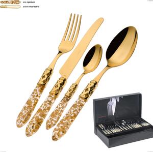 Confezione 49 pezzi posate in scatola gallery Aladdin tutto oro bugatti, acciaio 18.10 placcato oro 24 karati manico in pmma