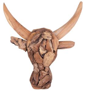 Decorativo da parete testa di toro con corna legno chiaro legno teak 34 x 28 cm rustico Beliani