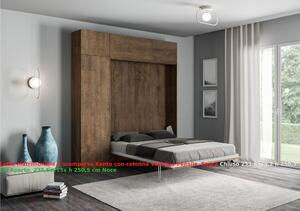 Letto a scomparsa Kentaro Matrimoniale con colonna - pensile vasistas - pensile sopra colonna Chiuso Occupa solo 39 cm di profondit�, Dimensioni chiuso 233,6x39,2xh250,5 cm Noce