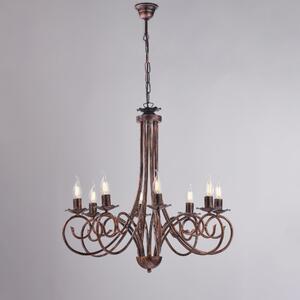 Lampadario Alma in ferro laccato nero con decorazione rame 8 luci , altezza 68 Cm, Cavo allungabile fino a 128 Cm, larghezza 67 Cm