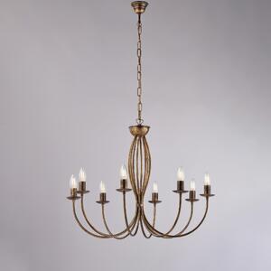 Lampadario Botte in ferro laccato marrone con decorazione oro 8 luci , altezza 60 Cm, Cavo allungabile fino a 120 Cm, larghezza 74 Cm