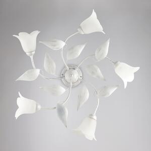Plafoniera Olga in ferro laccato bianco con decorazione argento e vetri alabastro bianchi 5 luci , altezza 20 Cm, larghezza 70 Cm