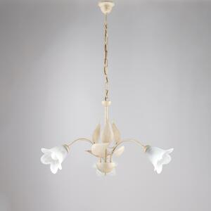 Lampadario Olga in ferro laccato avorio con decorazione oro chiaro e vetri alabastro bianchi 3 luci , altezza 43 Cm, Cavo allungabile fino a 103 Cm, larghezza 60 Cm