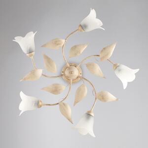 Plafoniera Olga in ferro laccato avorio con decorazione oro chiaro e vetri alabastro bianchi 5 luci , altezza 20 Cm, larghezza 70 Cm
