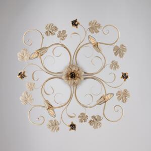 Plafoniera Iris in ferro laccato avorio con decorazione decap� e rose oro 4 luci , altezza 17 Cm, larghezza 76 Cm