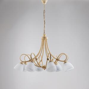 Lampadario Dallas in ferro laccato avorio con decorazione decap� e vetri alabastro bianchi 8 luci, altezza 55 Cm, Cavo allungabile fino a 115 Cm, larghezza 81 Cm