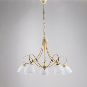 Lampadario Dallas in ferro laccato avorio con decorazione decap� e vetri alabastro bianchi 5 luci, altezza 52 Cm, Cavo allungabile fino a 112 Cm, larghezza 69 Cm