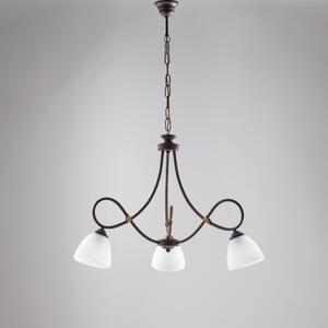 Lampadario Dallas in ferro laccato nero con decorazione ruggine e vetri alabastro bianchi 3 luci, altezza 52 Cm, Cavo allungabile fino a 112 Cm, larghezza 58 Cm