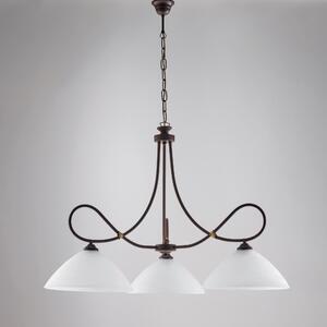 Lampadario Dallas in ferro laccato nero con decorazione ruggine e vetri alabastro bianchi 3 luci, altezza 65 Cm, Cavo allungabile fino a 125 Cm, larghezza 78 Cm