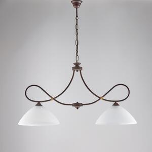 Lampadario Dallas in ferro laccato nero con decorazione ruggine e vetri alabastro bianchi 2 luci, altezza 50 Cm, Cavo allungabile fino a 110 Cm, larghezza 92 Cm