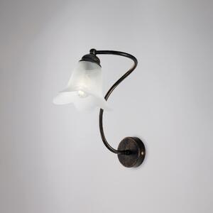 Applique Alice in ferro laccato marrone con decorazione oro chiaro e vetro alabastro bianco 1 luce, altezza 30 Cm, larghezza 26 Cm