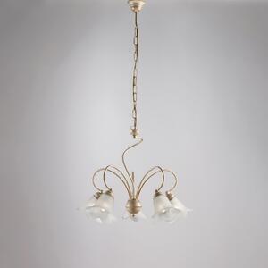 Lampadario Alice in ferro laccato avorio con decorazione oro chiaro e vetri alabastro bianchi 5 luci, altezza 46 Cm, Cavo allungabile fino a 106 Cm, larghezza 57 Cm
