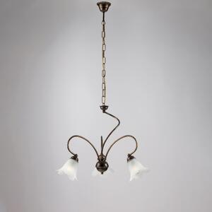 Lampadario Alice in ferro laccato marrone con decorazione oro chiaro e vetri alabastro bianchi 3 luci, altezza 46 Cm, Cavo allungabile fino a 106 Cm, larghezza 50 Cm