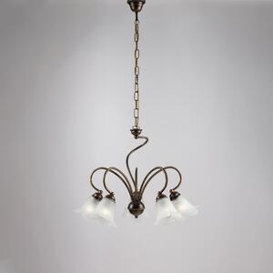 Lampadario Alice in ferro laccato marrone con decorazione oro chiaro e vetri alabastro bianchi 5 luci, altezza 46 Cm, Cavo allungabile fino a 106 Cm, larghezza 57 Cm