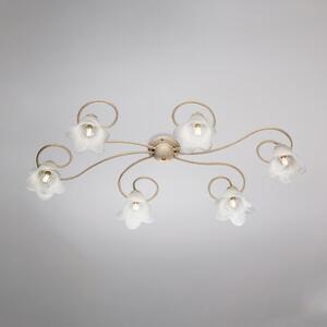 Plafoniera Alice in ferro laccato avorio con decorazione oro chiaro e vetri alabastro bianchi 6 luci, altezza 17 Cm, misure 99 X 50 Cm