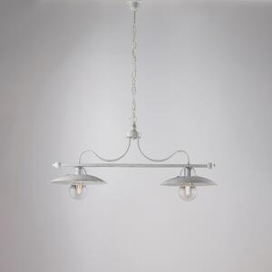 Lampadario Cantina in ferro laccato bianco con decorazione argento 2 luci , altezza 36 Cm, Cavo allungabile fino a 96 Cm, larghezza 87 Cm