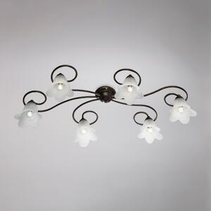 Plafoniera Alice in ferro laccato marrone con decorazione oro chiaro e vetri alabastro bianchi 6 luci, altezza 17 Cm, misure 99 X 50 Cm