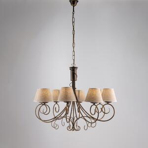 Lampadario Vienna in ferro laccato marrone con decorazione oro chiaro e paralumi in pvc effetto tessuto 8 luci, altezza 63 Cm, Cavo allungabile fino a 123 Cm, larghezza 78 Cm