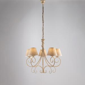 Lampadario Vienna in ferro laccato avorio con decorazione oro chiaro e paralumi in pvc effetto tessuto 5 luci, altezza 58 Cm, Cavo allungabile fino a 118 Cm, larghezza 60 Cm