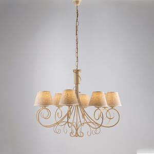 Lampadario Vienna in ferro laccato avorio con decorazione oro chiaro e paralumi in pvc effetto tessuto 8 luci, altezza 63 Cm, Cavo allungabile fino a 123 Cm, larghezza 78 Cm
