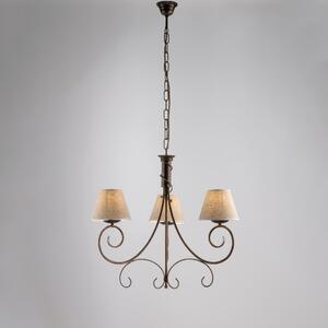 Lampadario Vienna in ferro laccato marrone con decorazione oro chiaro e paralumi in pvc effetto tessuto 3 luci, altezza 58 Cm, Cavo allungabile fino a 118 Cm, larghezza 52 Cm