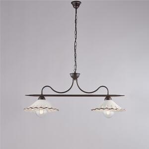 Lampadario in ferro laccato nero e decorazione effetto ruggine A 2 luci MOD OSTERIA Dimensioni 83x30xh 36 cm allungabile fino a 96 con diffusori in ceramica diametro 30 bianco e marrone