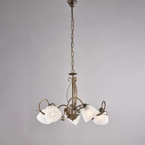 Lampadario Forgiato in Ferro Laccato Marrone con Decorazione Oro Antico, 45xMAX 105x�64 cm, 5 Luci E14 - 42 Watt Max, Diffusori in Vetro Alabastro Bianco