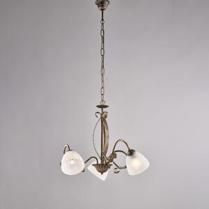 Lampadario Forgiato in Ferro Laccato Marrone con Oro Antico e Diffusori in Vetro, 43x103x�51 cm, Marrone Oro, 3 Luci E14 - 42W Max