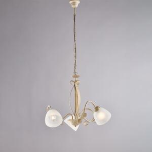 Lampadario Forgiato in Ferro Laccato Avorio con Decorazione Oro Antico, �51xH43 - MAX 103 cm, 3 Luci E14 - 42 Watt Max, Diffusori in Vetro Alabastro Bianco - Colore Avorio Oro