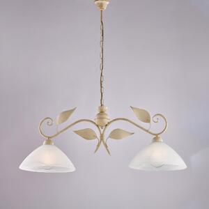 Lampadario Esse in Ferro Laccato Avorio e Oro Antico, 96x30xH36-96 cm, 2 luci E27 - 55 Watt Max, con Diffusori in Vetro Alabastro Bianco - Colore Avorio Oro