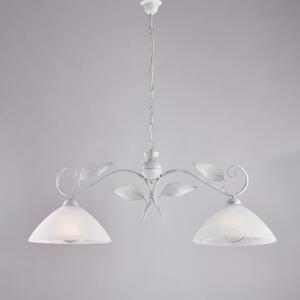 Lampadario Esse in Ferro Laccato Bianco e Argento, Dimensioni 96x30 x H36-96 cm, 2 Luci E27 - 55 Watt Max, con Diffusori in Vetro Alabastro Bianco