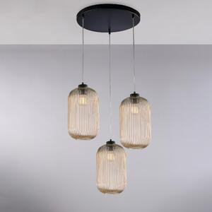 Sospensione Krizia in Ferro Laccato Nero e Vetro Soffiato Ambra, H41 - MAX 141 x �47 cm, 3 Luci E27 - 55 Watt Max, Colore Ambra