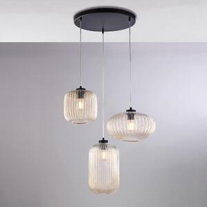Sospensione Glamour in Ferro Laccato Nero e Vetro Soffiato Ambra, 55x55xH141 cm, 3 Luci E27 - 55 Watt Max, Decorazioni Rigature in Rilievo, Colore Ambra