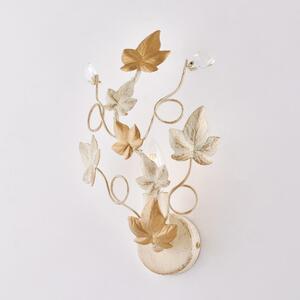 Applique Edera in ferro laccato avorio con decorazione oro chiaro e strass in cristallo 1 luce , altezza 32 Cm, larghezza 22 Cm