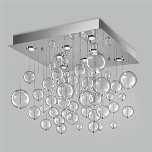 Plafoniera da muro solida base inox a taglio laser Quadrata Bolero 42 SFERE Dimensioni 80x80xh 70 cm G10 8x Max 50 Watt 19 kg e diffusori con sfere in vetro cristallo Trasparente