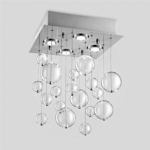 Plafoniera da muro solida base inox a taglio laser Bolero 18 SFERE Dimensioni 40x 40xh 70 cm G10 4 x Max 50 Watt 1,5 kg e diffusori con sfere in vetro cristallo Trasparente