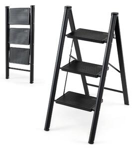 Costway Scaletta salvaspazio con ampio pedale struttura in metallo piedini antiscivolo, Scala pieghevole a 3 gradini portata 150 kg Nero